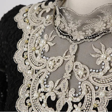 Vintage Women Lace Beads Long Sleeve T-Shirt Casual Warm Blouse Top with Hole Detail for Spring Autumn Winter