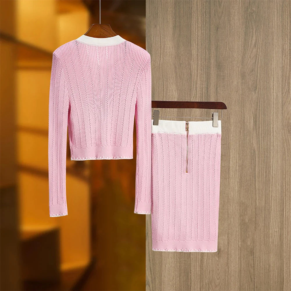 Elegant Baby Pink Knitted 2PCS Set Featuring Soft Sweater and Sheath Skirt for Women Spring Sweet Design Luxury Twin Outfit
