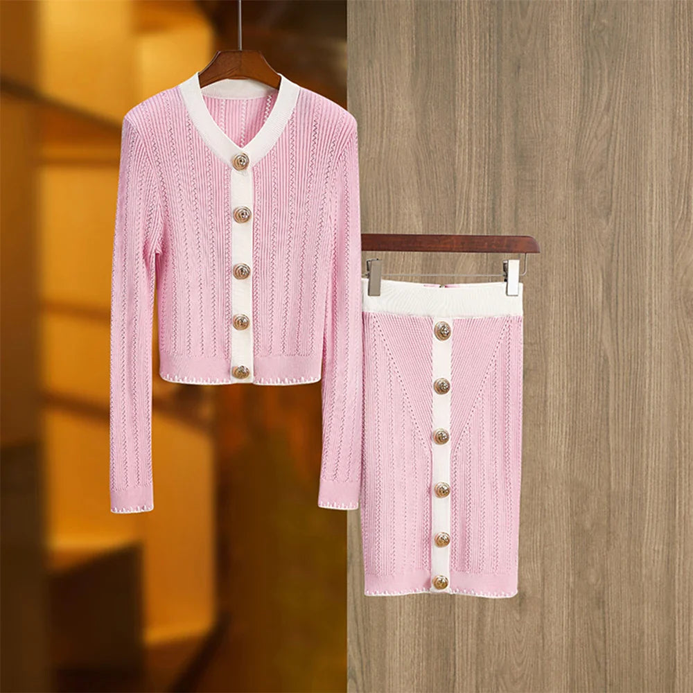 Elegant Baby Pink Knitted 2PCS Set Featuring Soft Sweater and Sheath Skirt for Women Spring Sweet Design Luxury Twin Outfit