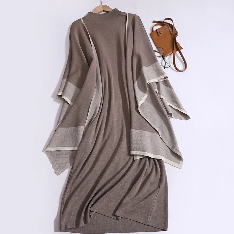 Women's Elegant Two-Piece Patchwork Knit Shawl Top and Solid Long Sleeve Dress Set Casual Fall Winter Outfit