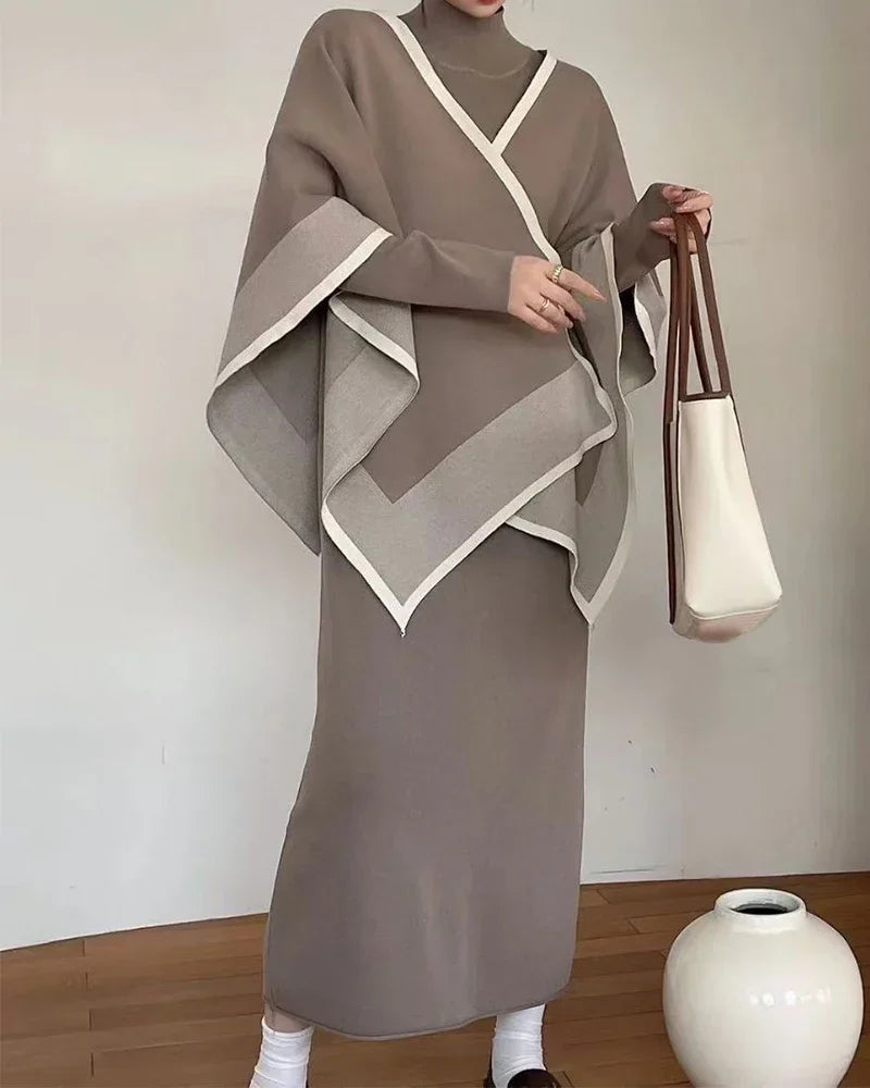 Women's Elegant Two-Piece Patchwork Knit Shawl Top and Solid Long Sleeve Dress Set Casual Fall Winter Outfit