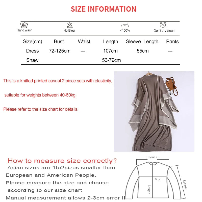Women's Elegant Two-Piece Patchwork Knit Shawl Top and Solid Long Sleeve Dress Set Casual Fall Winter Outfit