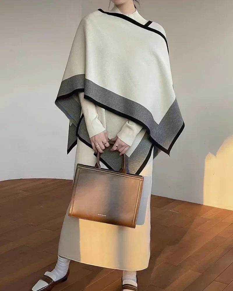 Women's Elegant Two-Piece Patchwork Knit Shawl Top and Solid Long Sleeve Dress Set Casual Fall Winter Outfit