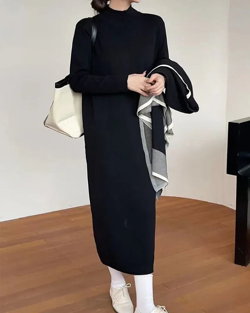 Women's Elegant Two-Piece Patchwork Knit Shawl Top and Solid Long Sleeve Dress Set Casual Fall Winter Outfit