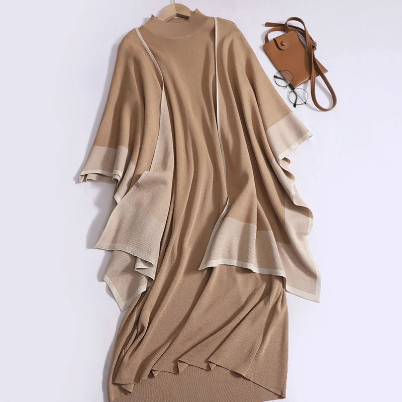 Women's Elegant Two-Piece Patchwork Knit Shawl Top and Solid Long Sleeve Dress Set Casual Fall Winter Outfit