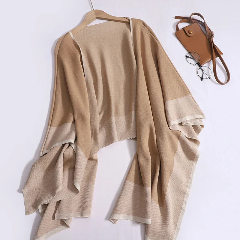 Women's Elegant Two-Piece Patchwork Knit Shawl Top and Solid Long Sleeve Dress Set Casual Fall Winter Outfit