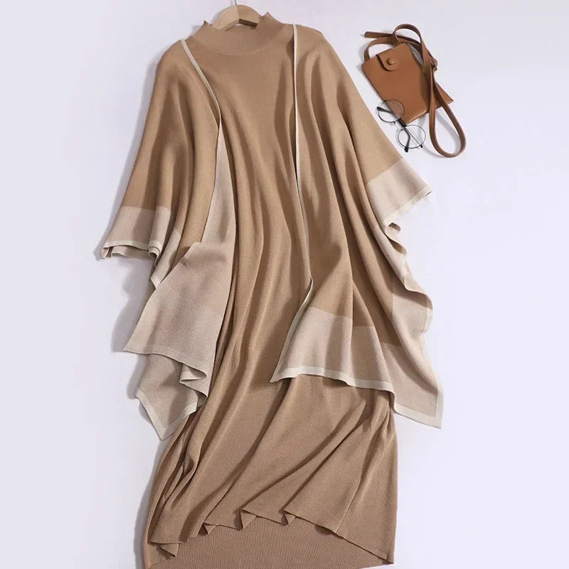 Women's Elegant Two-Piece Patchwork Knit Shawl Top and Solid Long Sleeve Dress Set Casual Fall Winter Outfit