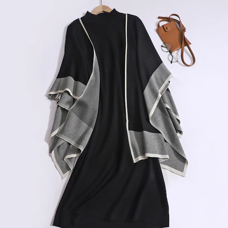 Women's Elegant Two-Piece Patchwork Knit Shawl Top and Solid Long Sleeve Dress Set Casual Fall Winter Outfit