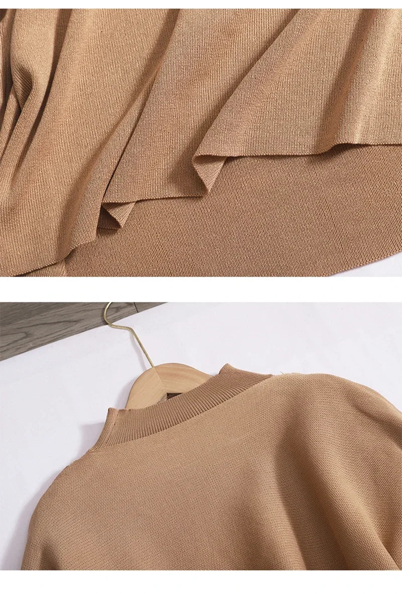 Women's Elegant Two-Piece Patchwork Knit Shawl Top and Solid Long Sleeve Dress Set Casual Fall Winter Outfit