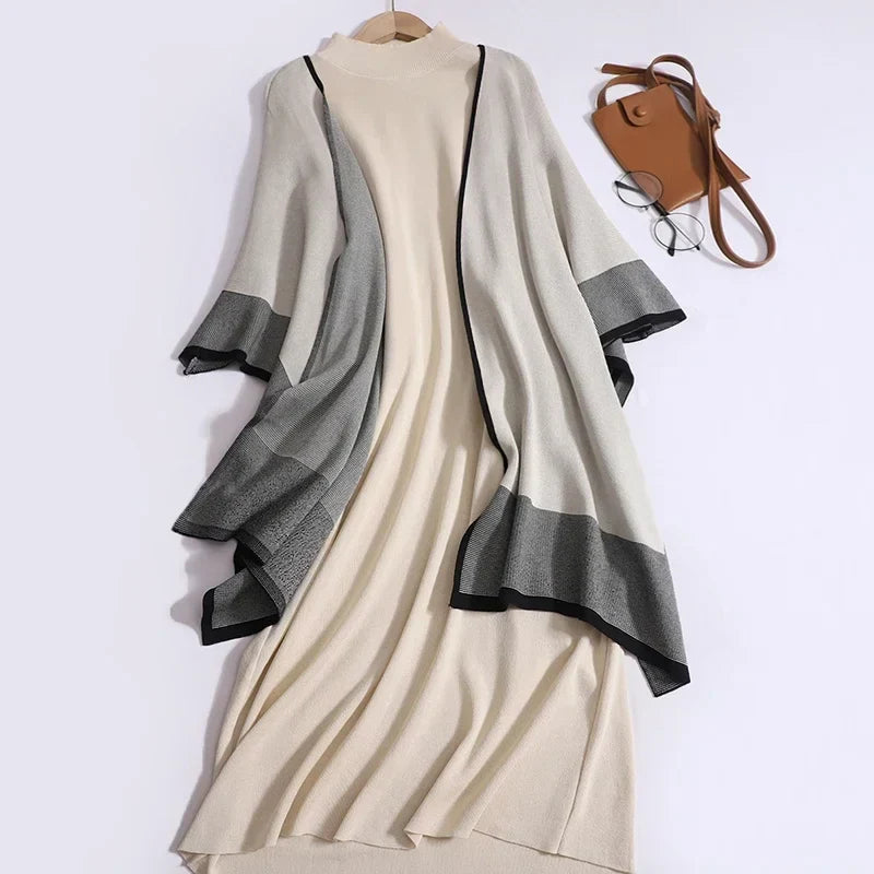 Women's Elegant Two-Piece Patchwork Knit Shawl Top and Solid Long Sleeve Dress Set Casual Fall Winter Outfit