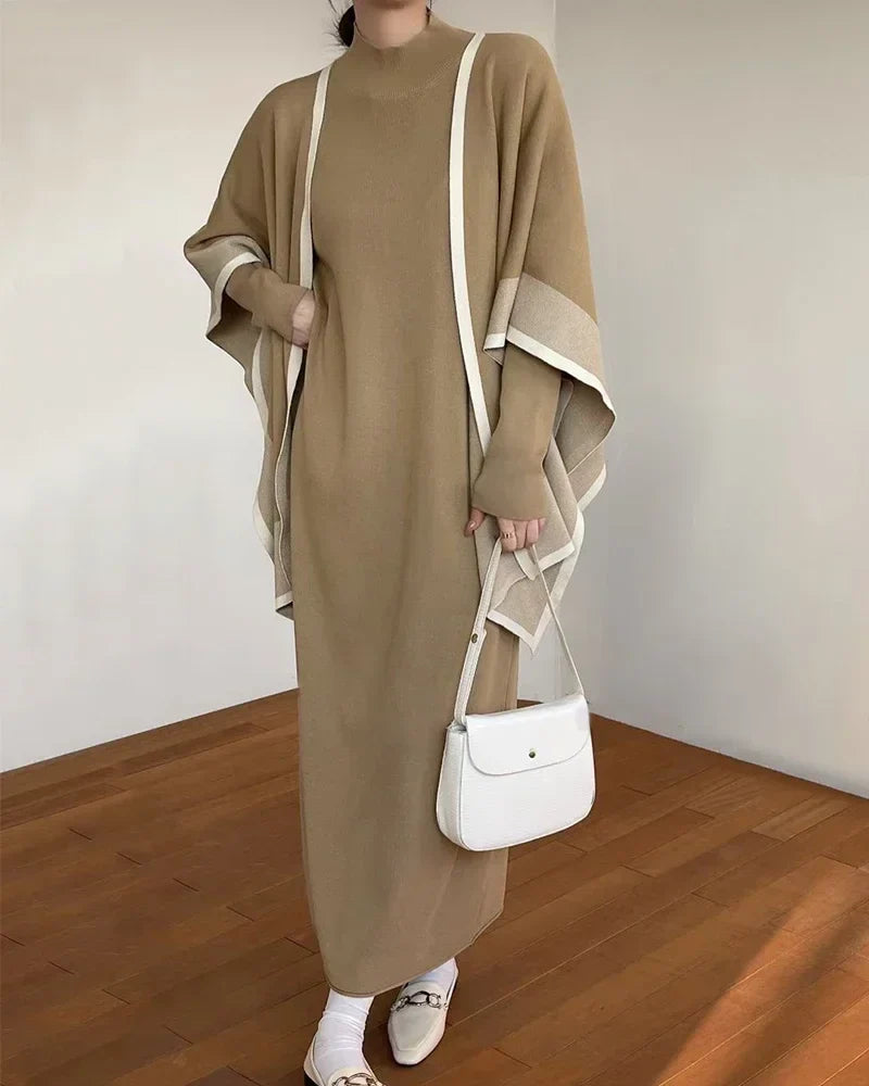 Women's Elegant Two-Piece Patchwork Knit Shawl Top and Solid Long Sleeve Dress Set Casual Fall Winter Outfit