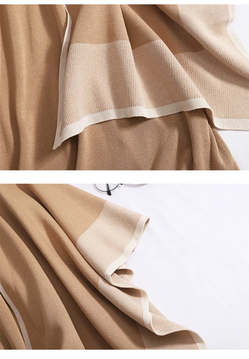 Women's Elegant Two-Piece Patchwork Knit Shawl Top and Solid Long Sleeve Dress Set Casual Fall Winter Outfit