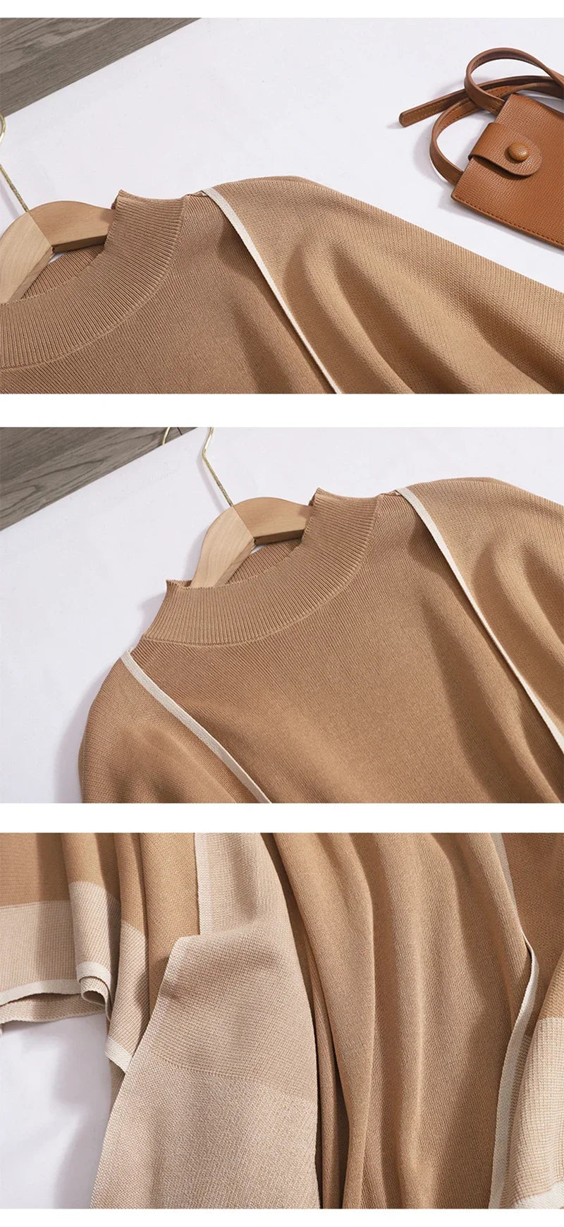 Women's Elegant Two-Piece Patchwork Knit Shawl Top and Solid Long Sleeve Dress Set Casual Fall Winter Outfit