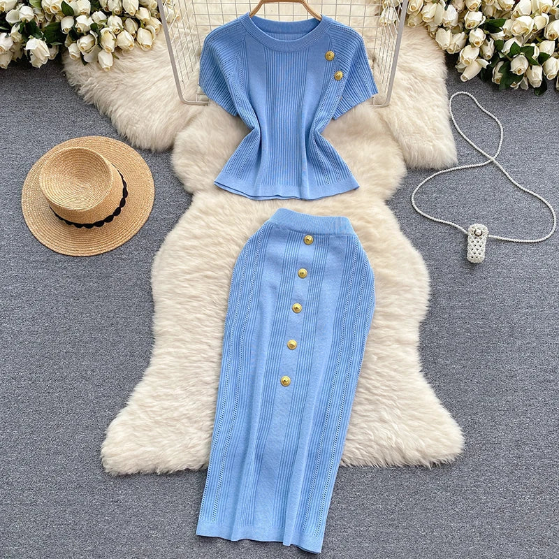 Elegant Knitted Two Piece Set with O-Neck Metal Button Short Sleeve Top and Elastic Waist Skirt Casual Summer Outfit for Women