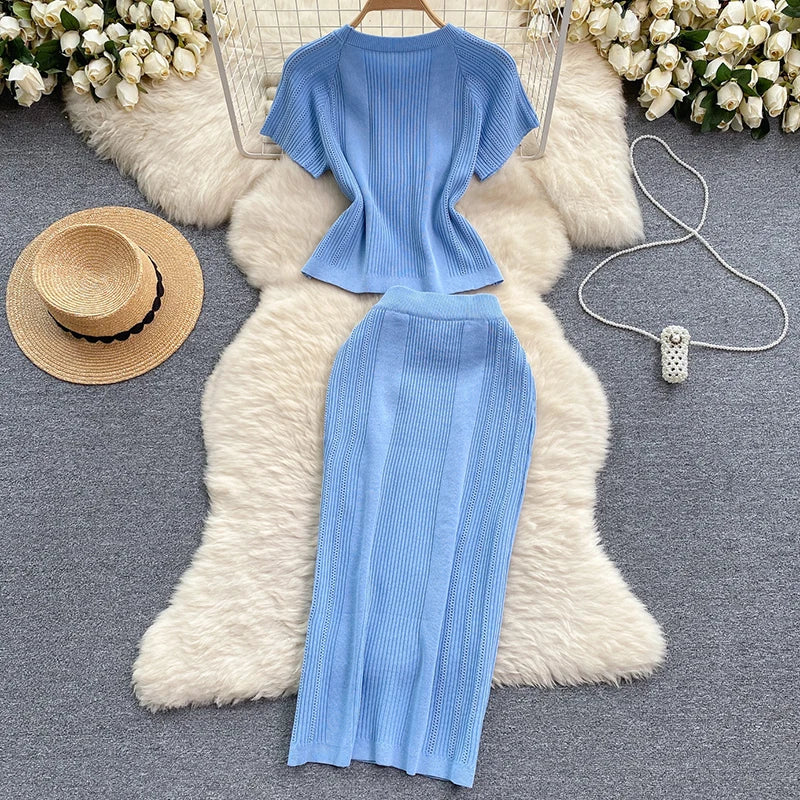 Elegant Knitted Two Piece Set with O-Neck Metal Button Short Sleeve Top and Elastic Waist Skirt Casual Summer Outfit for Women