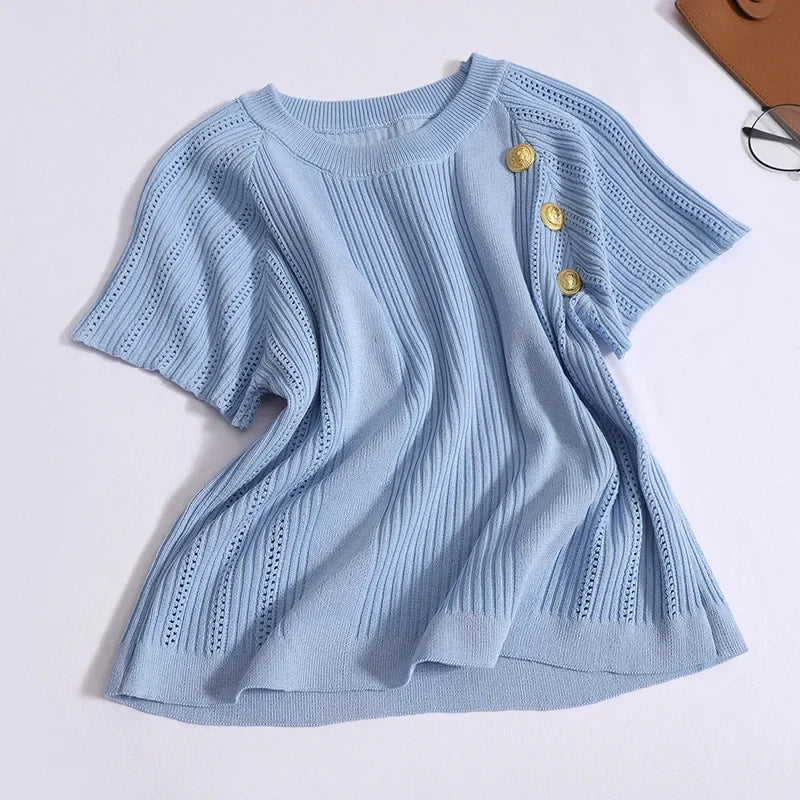 Elegant Knitted Two Piece Set with O-Neck Metal Button Short Sleeve Top and Elastic Waist Skirt Casual Summer Outfit for Women