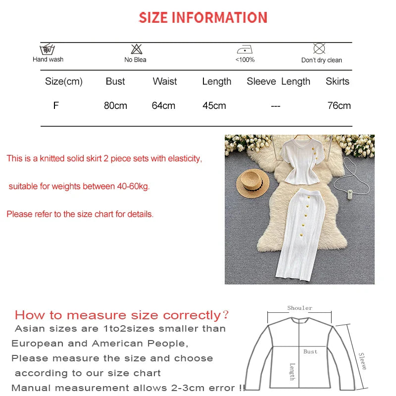 Elegant Knitted Two Piece Set with O-Neck Metal Button Short Sleeve Top and Elastic Waist Skirt Casual Summer Outfit for Women