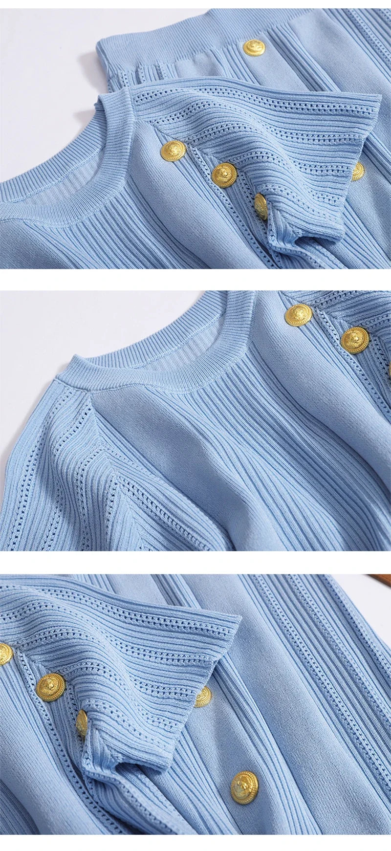 Elegant Knitted Two Piece Set with O-Neck Metal Button Short Sleeve Top and Elastic Waist Skirt Casual Summer Outfit for Women