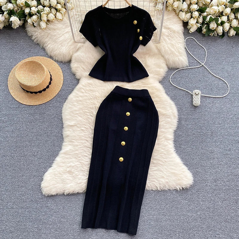 Elegant Knitted Two Piece Set with O-Neck Metal Button Short Sleeve Top and Elastic Waist Skirt Casual Summer Outfit for Women