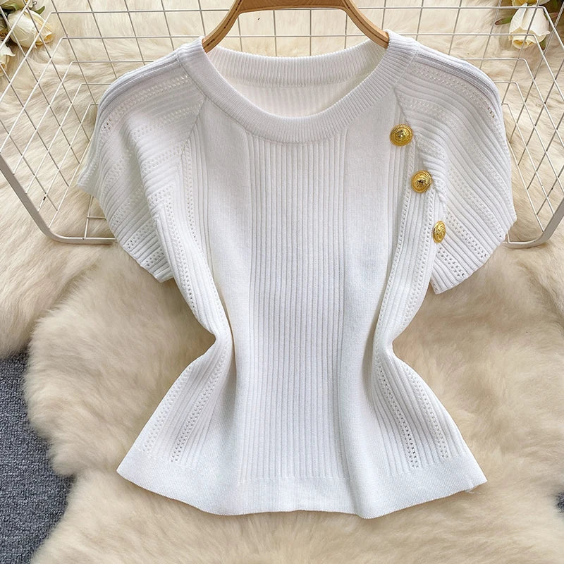 Elegant Knitted Two Piece Set with O-Neck Metal Button Short Sleeve Top and Elastic Waist Skirt Casual Summer Outfit for Women