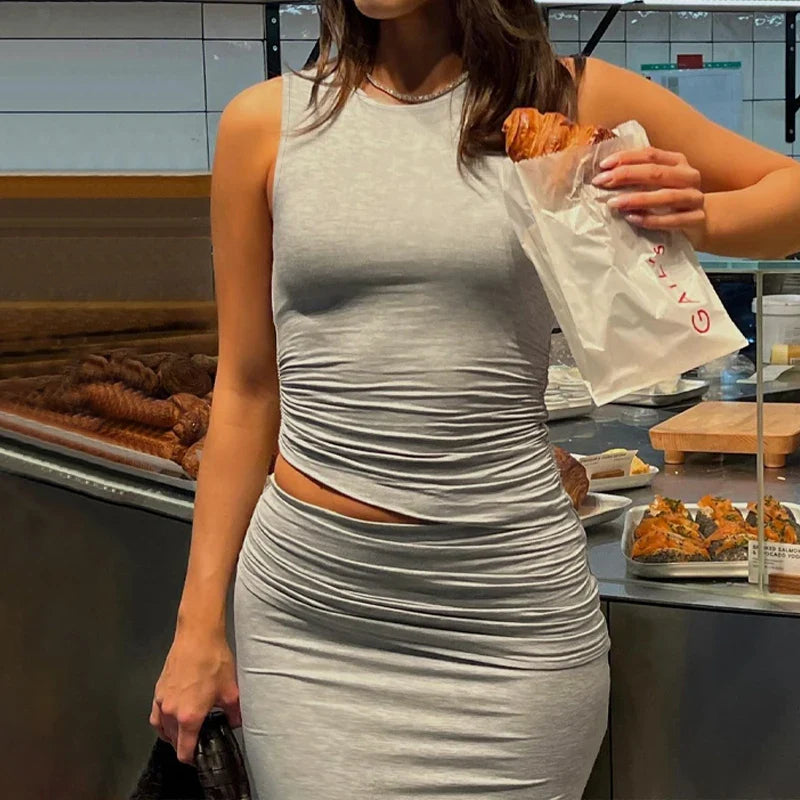 Sexy Draped Two Piece Co Ord Set Women Slim Crop Tank Top and Maxi Skirt Summer Festival Party Outfit