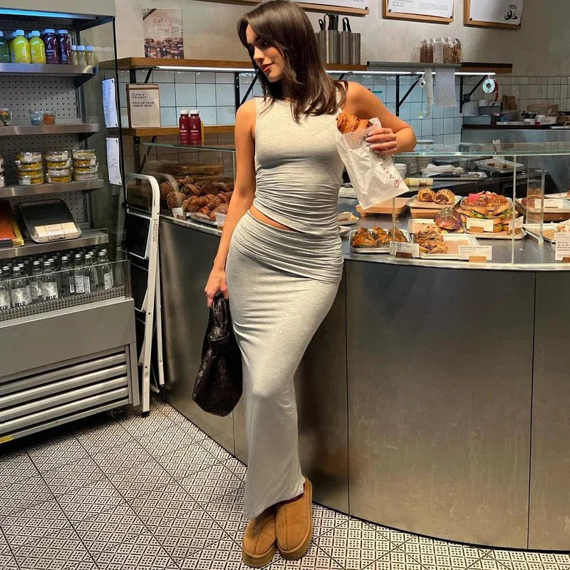 Sexy Draped Two Piece Co Ord Set Women Slim Crop Tank Top and Maxi Skirt Summer Festival Party Outfit