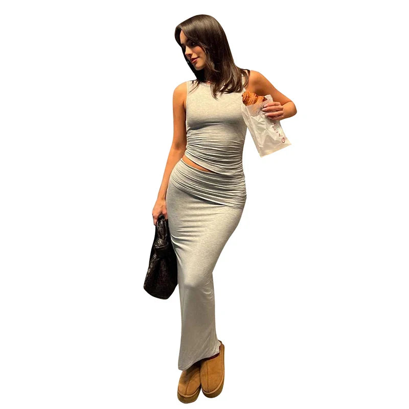 Sexy Draped Two Piece Co Ord Set Women Slim Crop Tank Top and Maxi Skirt Summer Festival Party Outfit