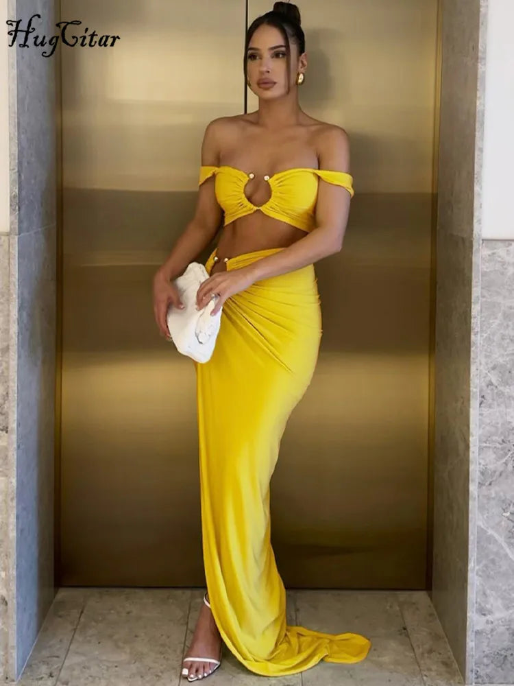 Strappy Square Collar Draped Loops Crop Tank Top and Sexy Slit Maxi Skirt Two Piece Set for Festival and Vacation