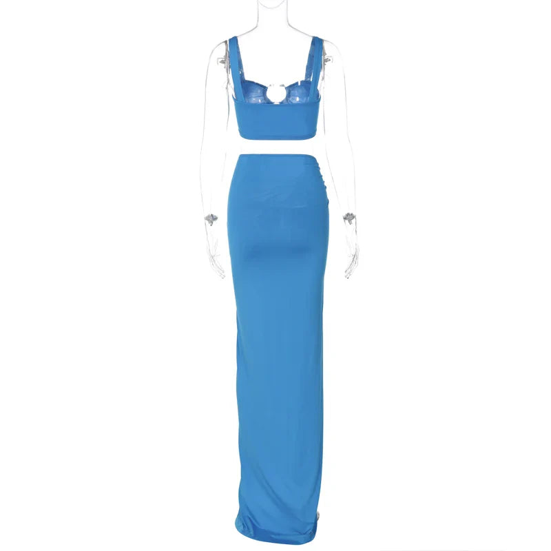 Strappy Square Collar Draped Loops Crop Tank Top and Sexy Slit Maxi Skirt Two Piece Set for Festival and Vacation