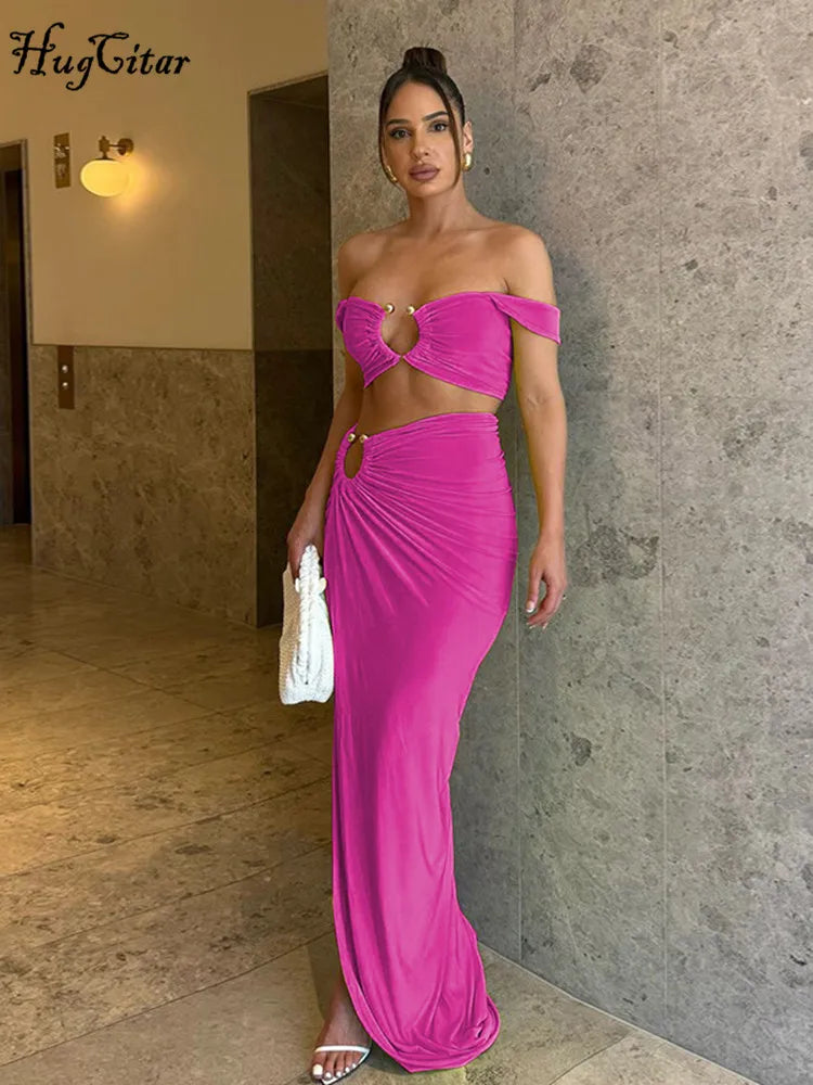 Strappy Square Collar Draped Loops Crop Tank Top and Sexy Slit Maxi Skirt Two Piece Set for Festival and Vacation