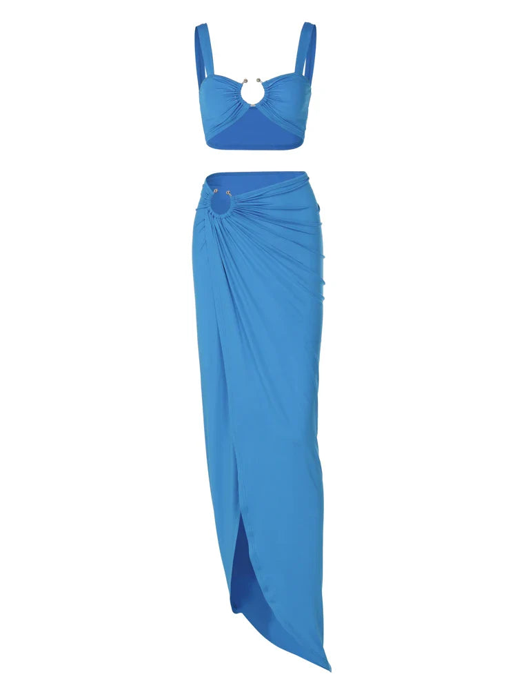 Strappy Square Collar Draped Loops Crop Tank Top and Sexy Slit Maxi Skirt Two Piece Set for Festival and Vacation