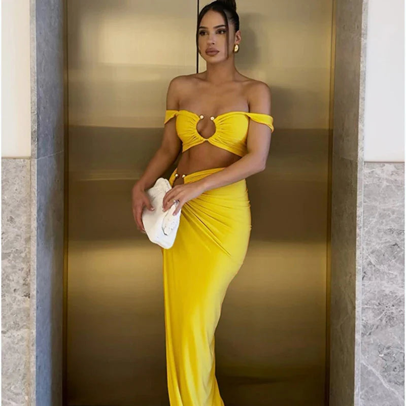 Strappy Square Collar Draped Loops Crop Tank Top and Sexy Slit Maxi Skirt Two Piece Set for Festival and Vacation