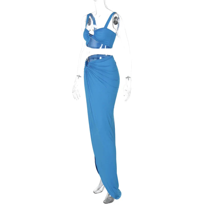 Strappy Square Collar Draped Loops Crop Tank Top and Sexy Slit Maxi Skirt Two Piece Set for Festival and Vacation