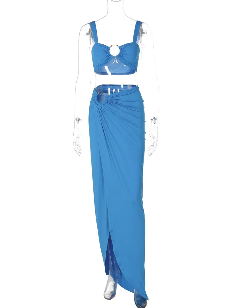 Strappy Square Collar Draped Loops Crop Tank Top and Sexy Slit Maxi Skirt Two Piece Set for Festival and Vacation
