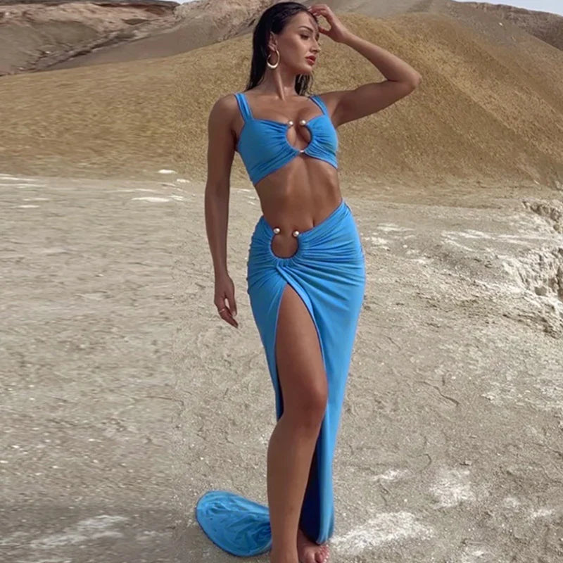 Strappy Square Collar Draped Loops Crop Tank Top and Sexy Slit Maxi Skirt Two Piece Set for Festival and Vacation