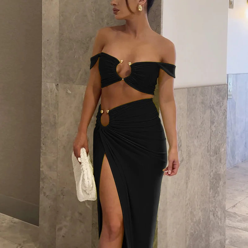 Strappy Square Collar Draped Loops Crop Tank Top and Sexy Slit Maxi Skirt Two Piece Set for Festival and Vacation