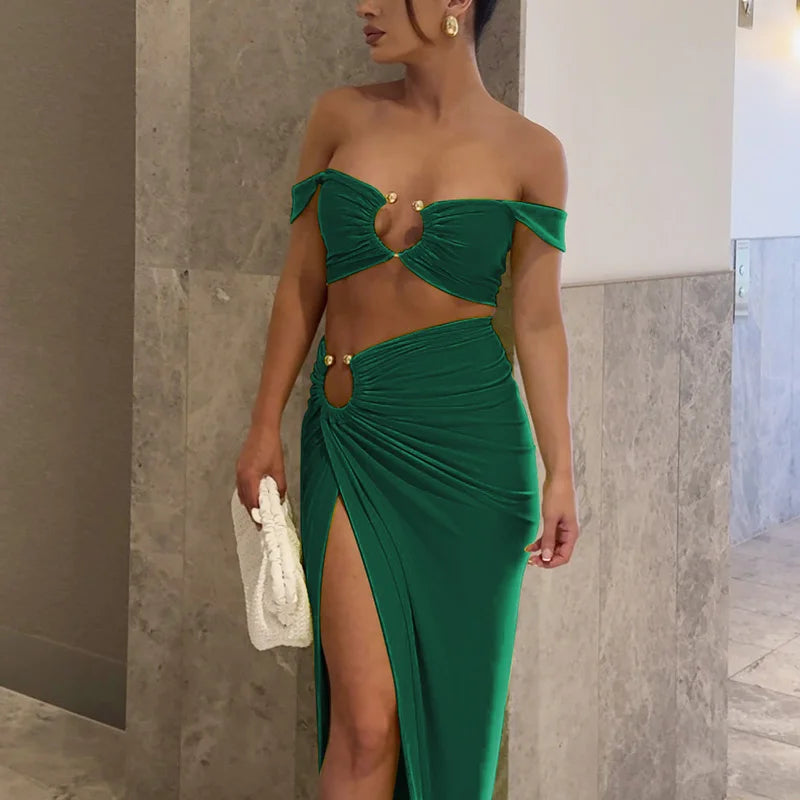 Strappy Square Collar Draped Loops Crop Tank Top and Sexy Slit Maxi Skirt Two Piece Set for Festival and Vacation