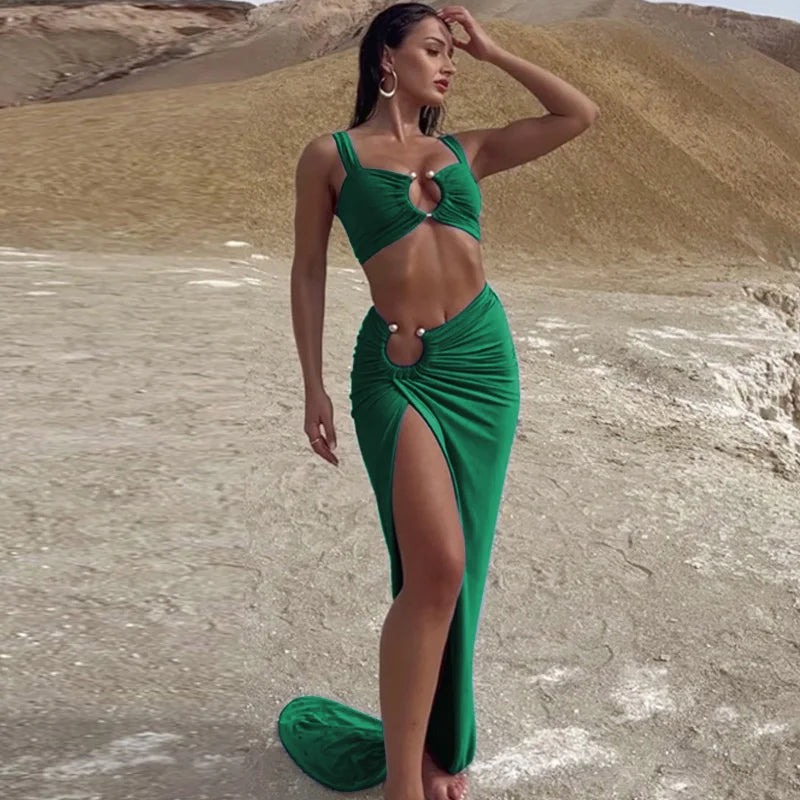 Strappy Square Collar Draped Loops Crop Tank Top and Sexy Slit Maxi Skirt Two Piece Set for Festival and Vacation