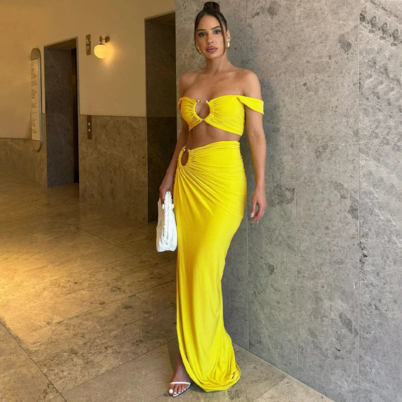 Strappy Square Collar Draped Loops Crop Tank Top and Sexy Slit Maxi Skirt Two Piece Set for Festival and Vacation