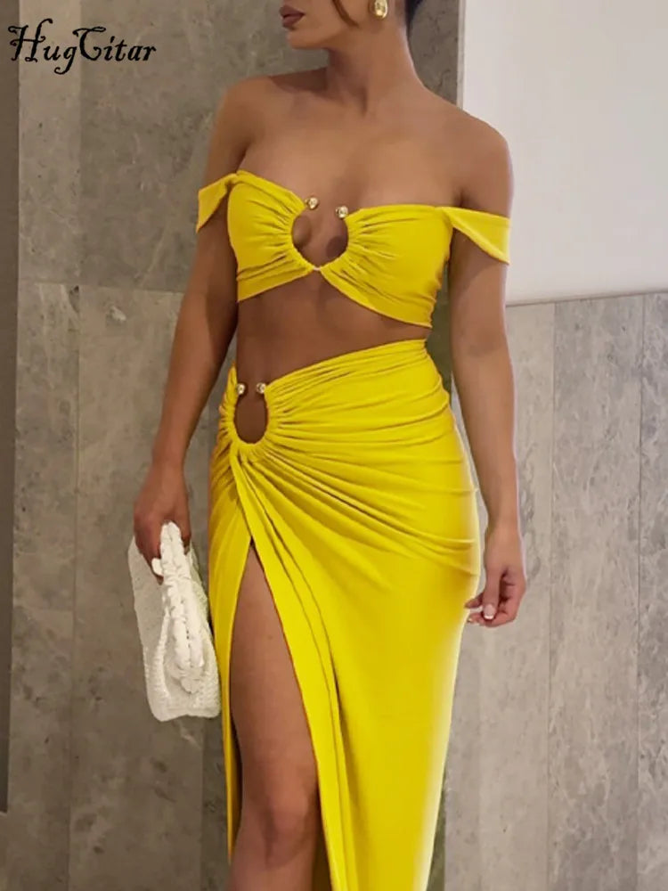 Strappy Square Collar Draped Loops Crop Tank Top and Sexy Slit Maxi Skirt Two Piece Set for Festival and Vacation
