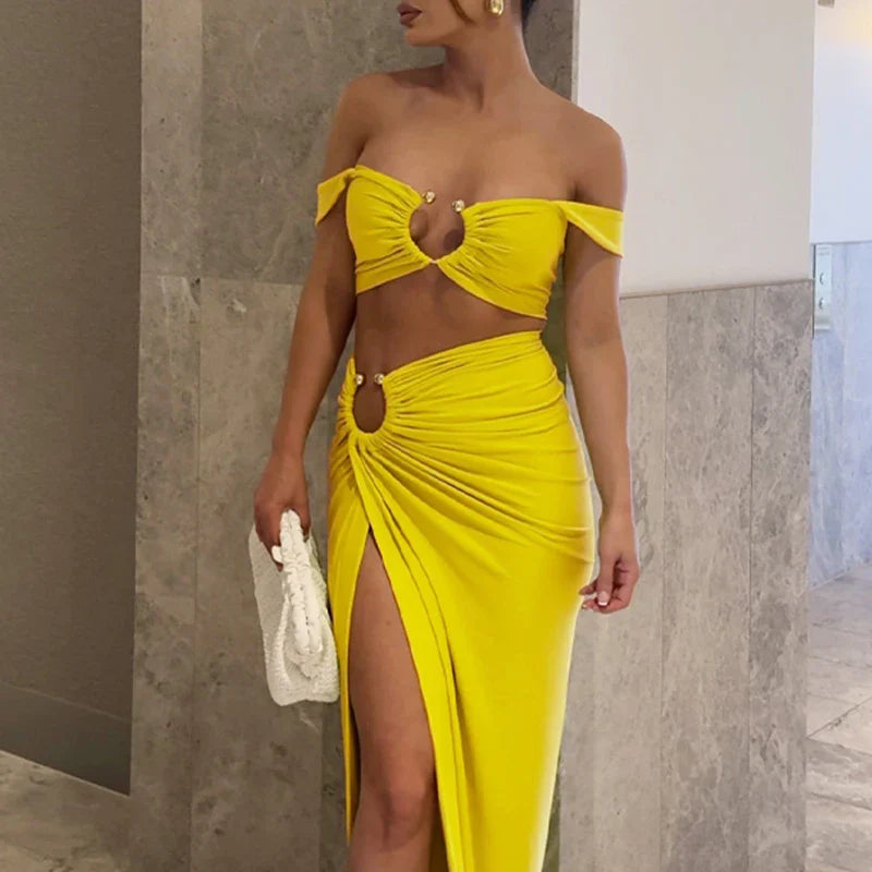 Strappy Square Collar Draped Loops Crop Tank Top and Sexy Slit Maxi Skirt Two Piece Set for Festival and Vacation
