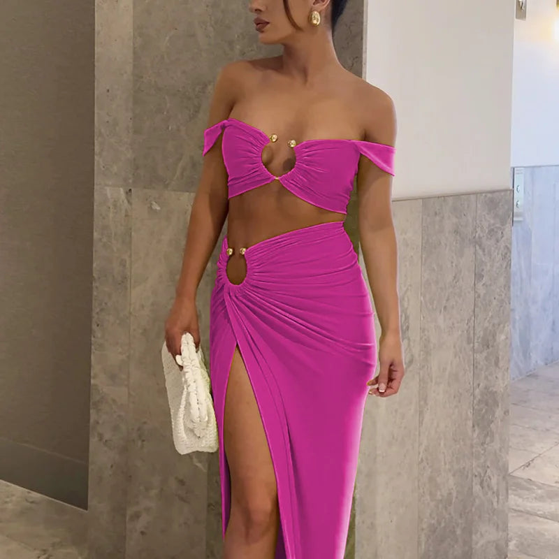 Strappy Square Collar Draped Loops Crop Tank Top and Sexy Slit Maxi Skirt Two Piece Set for Festival and Vacation