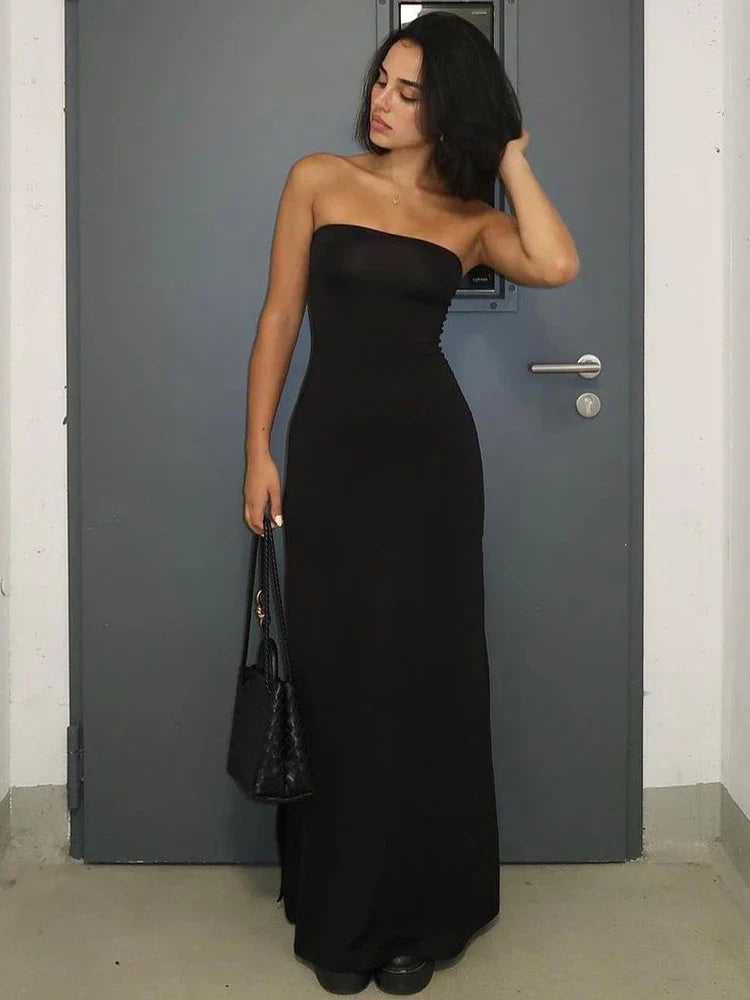 Black Strapless Long Sleeve Sexy Bodycon Maxi Dress for Elegant Evening Parties and Festivals