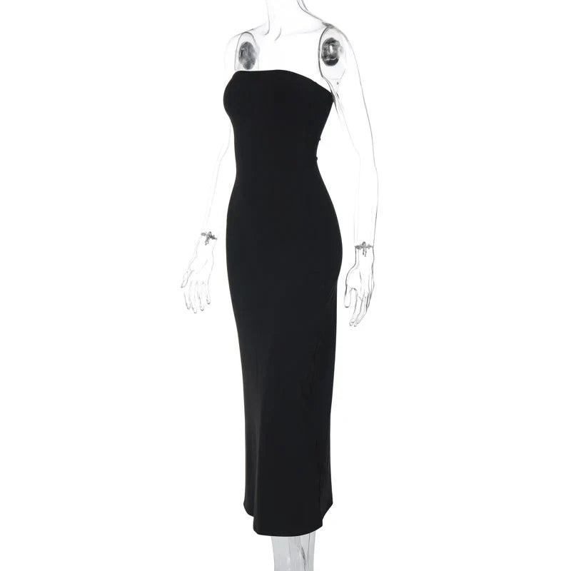 Black Strapless Long Sleeve Sexy Bodycon Maxi Dress for Elegant Evening Parties and Festivals