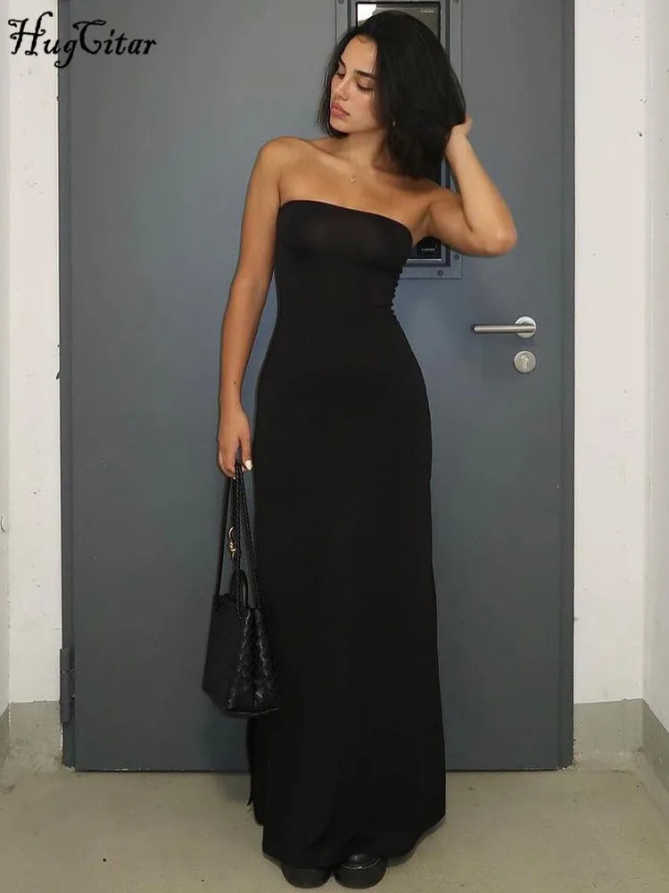 Black Strapless Long Sleeve Sexy Bodycon Maxi Dress for Elegant Evening Parties and Festivals