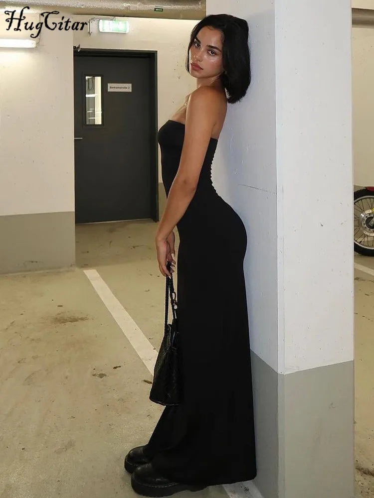 Black Strapless Long Sleeve Sexy Bodycon Maxi Dress for Elegant Evening Parties and Festivals