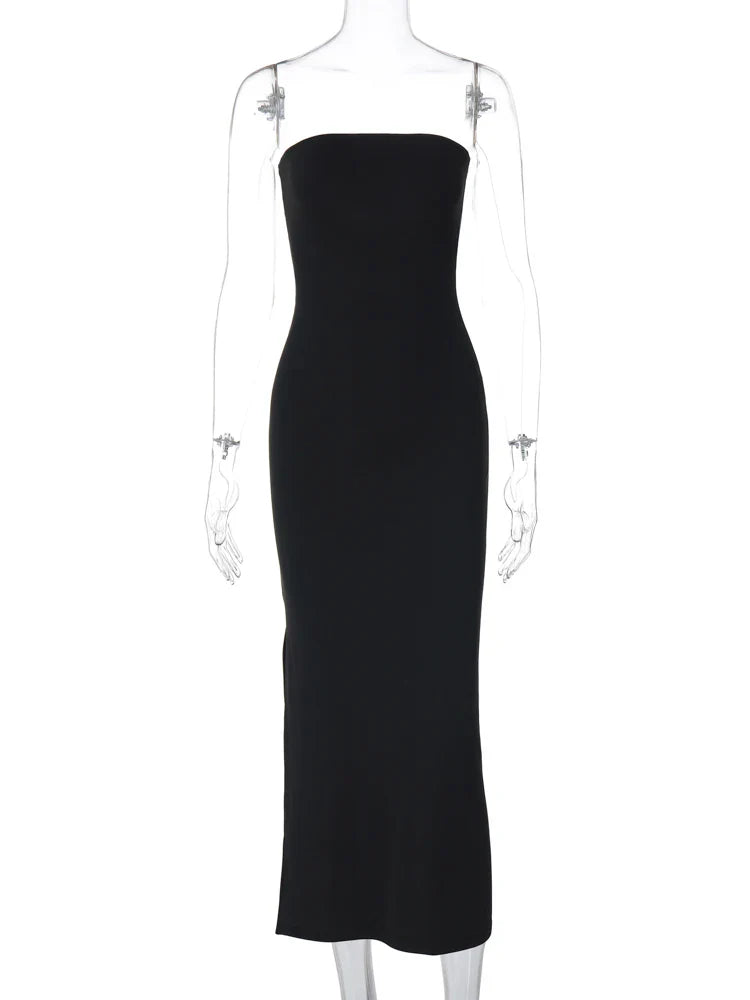 Black Strapless Long Sleeve Sexy Bodycon Maxi Dress for Elegant Evening Parties and Festivals