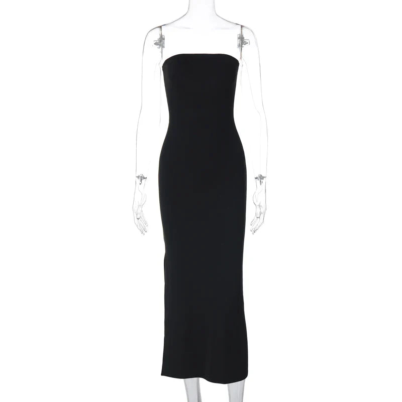 Black Strapless Long Sleeve Sexy Bodycon Maxi Dress for Elegant Evening Parties and Festivals
