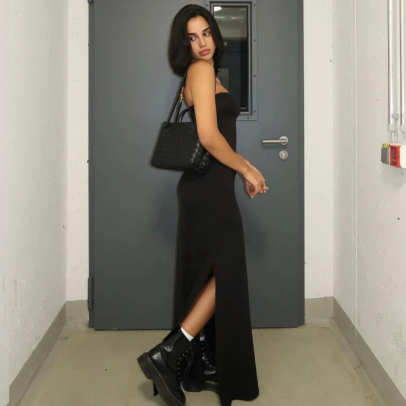 Black Strapless Long Sleeve Sexy Bodycon Maxi Dress for Elegant Evening Parties and Festivals