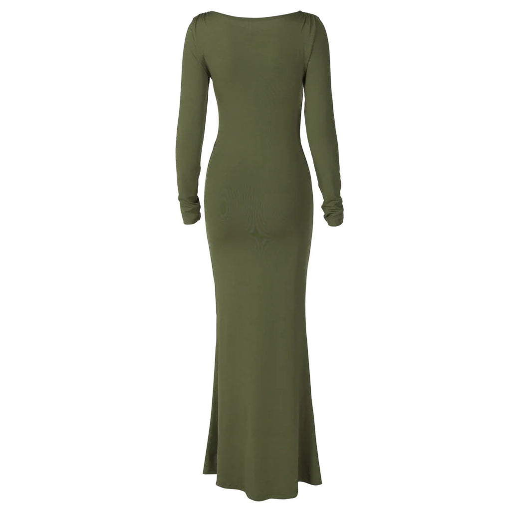 Elegant Long Sleeve Draped Bodycon Maxi Dress for Evening Parties and Festivals with Stylish Y2K Inspiration